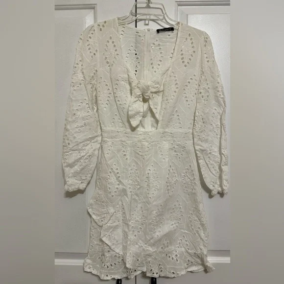 Women's Sexy Long Sleeve Lace Ruffle Mini Dress Hollow Out Summer Dress White - Picture 5 of 8